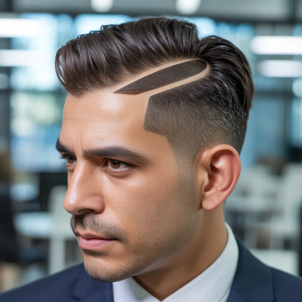 Hombre con corte de pelo side part clásico executive, raya precisa alineada con ceja, estilo profesional corporativo