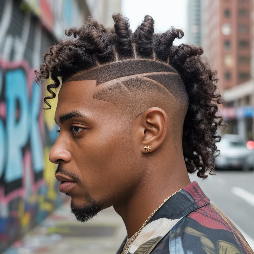 Hombre con side part high fade urbano, hard part afeitado con navaja, rizos texturizados largos hacia un lado