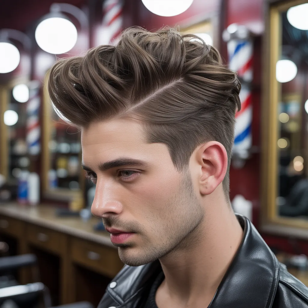 Hombre con side part quiff, volumen dramático en frente, textura ondulada hacia atrás y lado, acabado mate