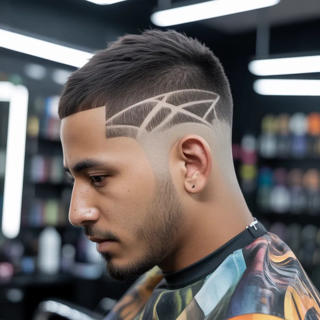 Side part con skin fade, diseño geométrico afeitado en degradado, double hard part, parte superior texturizada mate