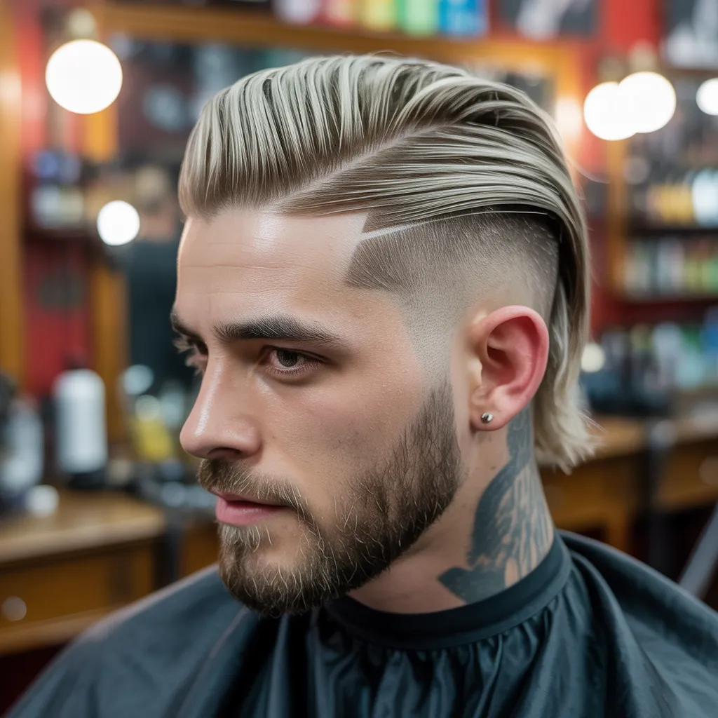 Slicked back undercut con raya dura y parte superior rubia platino, estilo de barbería vanguardista