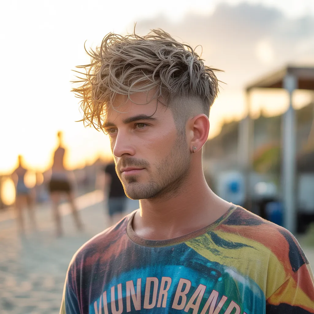 Hombre con textured crop despeinado, separación máxima multidireccional, acabado mate absoluto, estilo playa