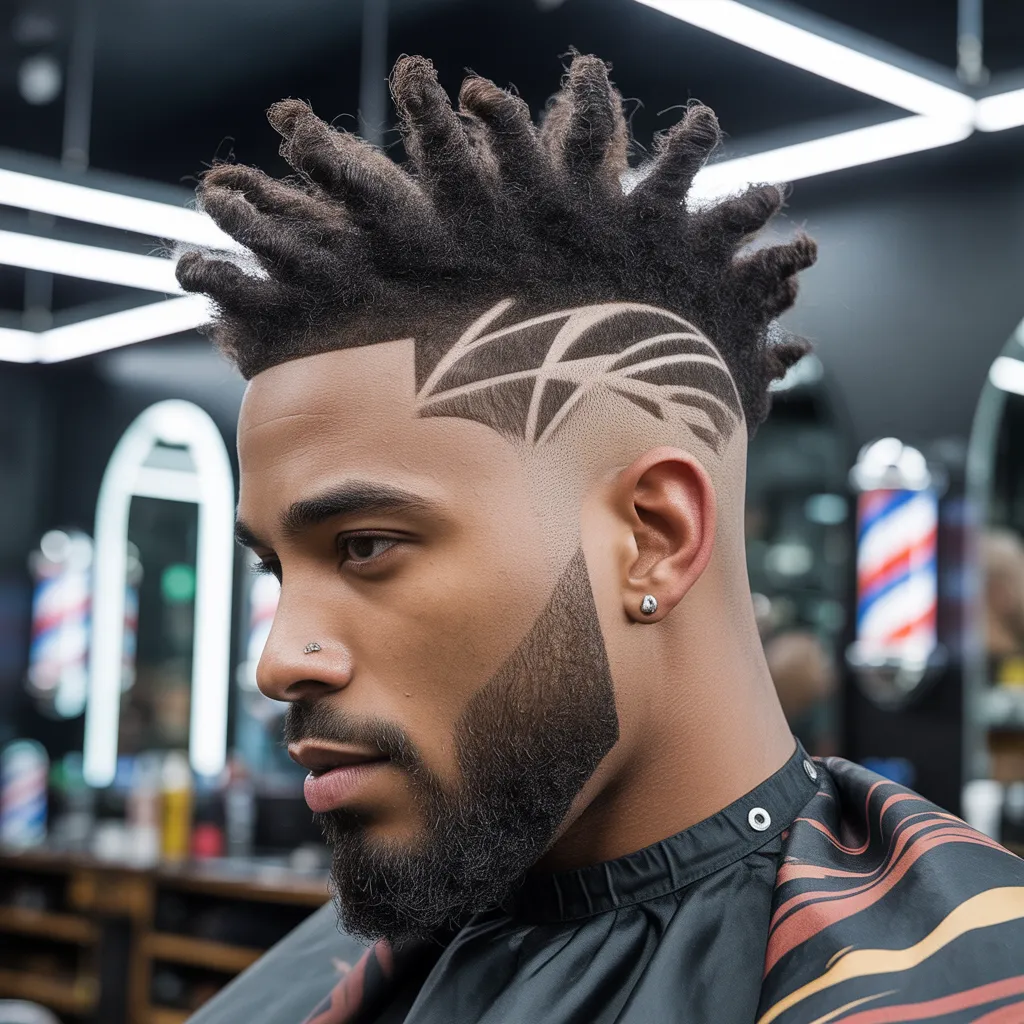 Hombre con textured crop high fade, diseño geométrico afeitado en degradado, rizos definidos 8cm, barba completa