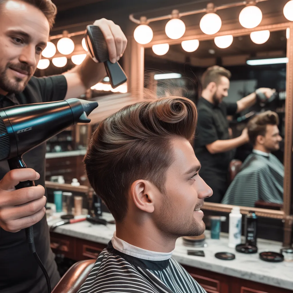 Documental barbería de lujo, barbero peinando pompadour a cliente con secador y cepillo redondo, movimiento en secador, cliente viéndose en espejo satisfecho, mostrador mármol, productos pomada visibles