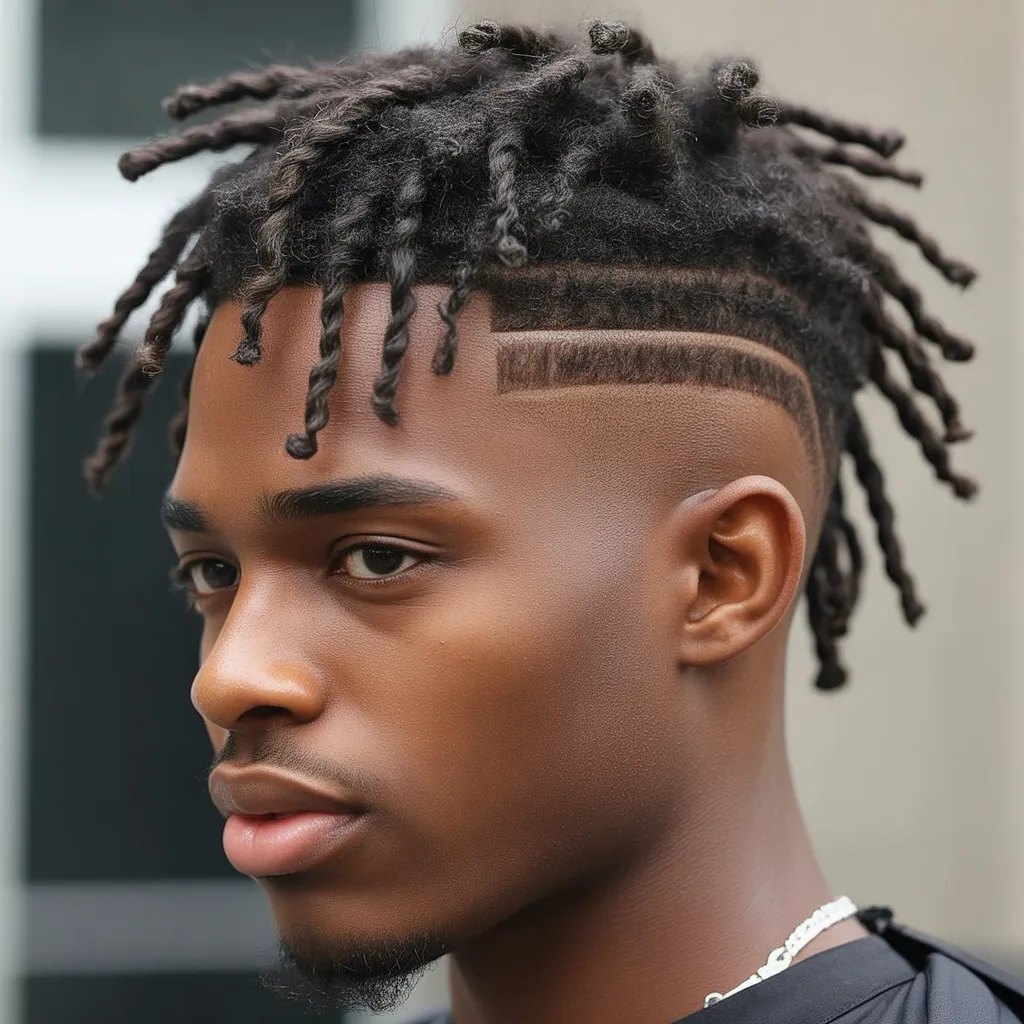 Hombre con twists en la parte superior y burst fade en los lados, efecto explosión alrededor de las orejas
