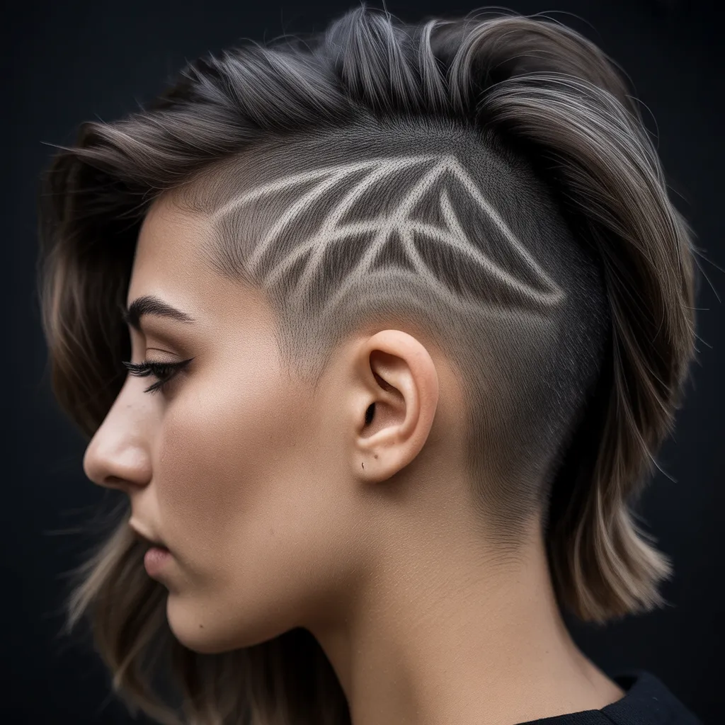 Close-up de nuca femenina con undercut de 1mm y diseño geométrico grabado, triángulos y líneas, cabello oscuro superior cubriendo parcialmente