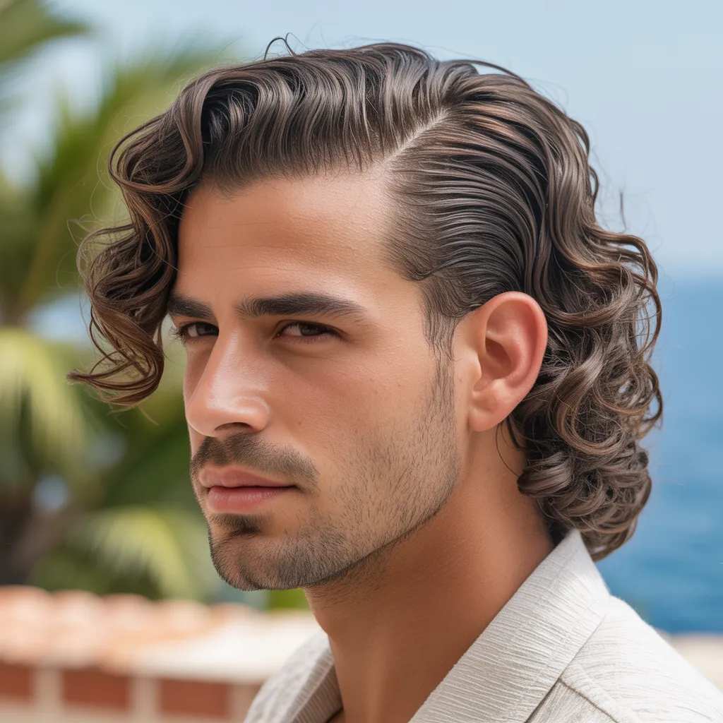 Peinado slicked back combinado con barba completa, combinación definitiva de impacto masculino