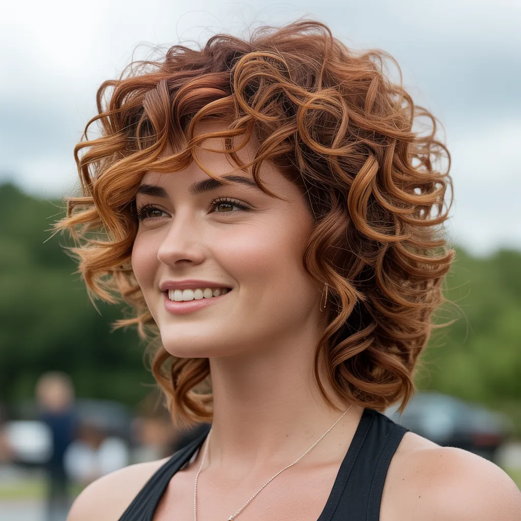 Mujer con cabello rizado estilo wolf cut, capas que definen los rizos, cabello rojo cereza vibrante, volumen natural, sonriendo al aire libre.