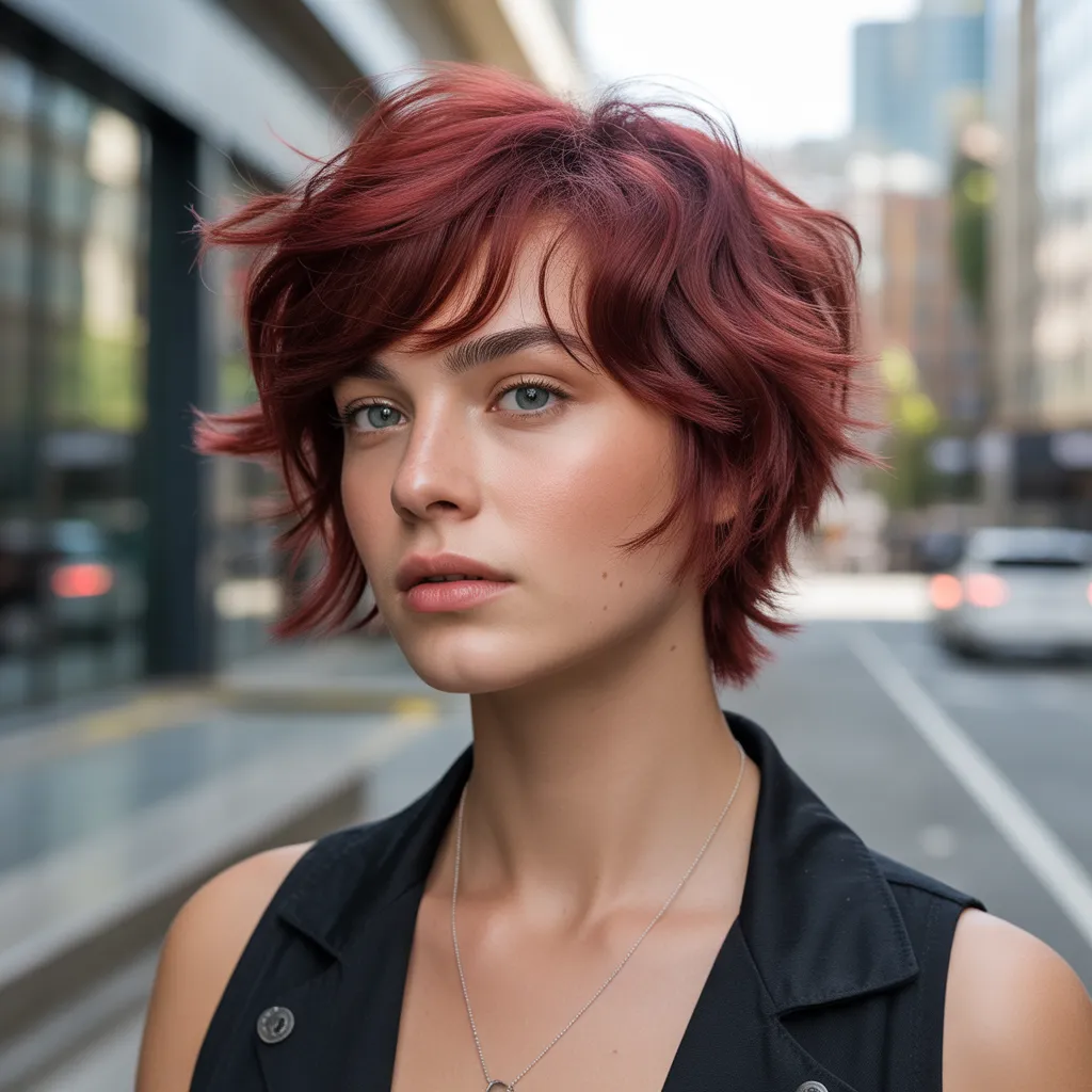 Joven mujer con wolf cut corto y capas texturizadas, cabello rojo cereza vibrante con flequillo despeinado, estilo moderno y urbano en luz natural.