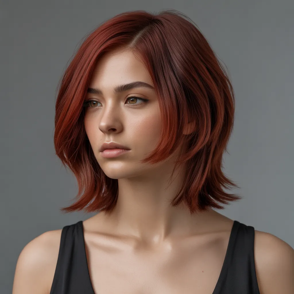 Mujer con wolf cut elegante, capas suaves y flequillo opcional, cabello rojo cereza intenso, estilo sofisticado con iluminación de estudio suave.
