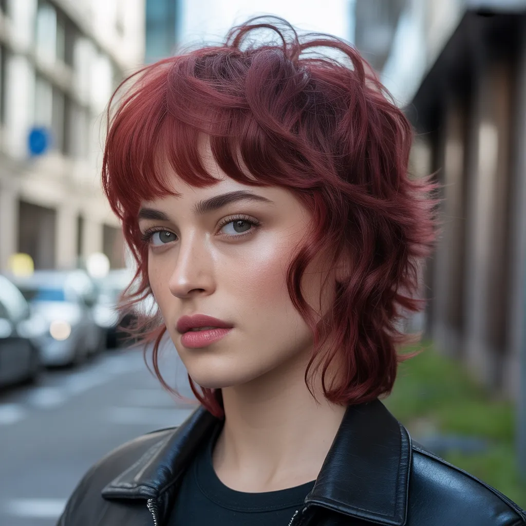 Wolf cut moderno con flequillo desordenado, capas voluminosas, cabello rojo cereza brillante, look rebelde en ambiente urbano con luz natural.