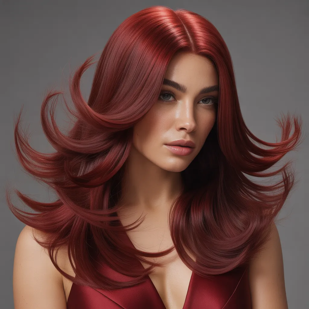 Mujer con wolf cut largo, capas superiores cortas y puntas largas, cabello rojo cereza brillante, volumen en la coronilla, estilo elegante de fotografía editorial.