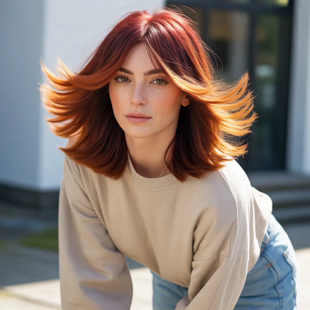 Mujer con wolf cut de longitud media, cabello rojo cereza con capas suaves, movimiento natural, vestimenta casual y luz solar reflejando el pelo.