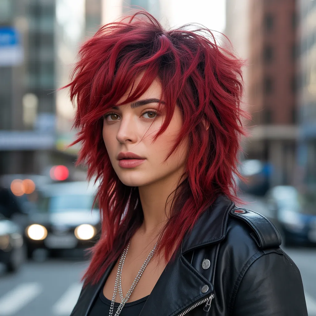 Mujer con wolf cut rebelde y texturizado, capas voluminosas, cabello rojo cereza brillante, estilo urbano atrevido, fondo de calle de ciudad.