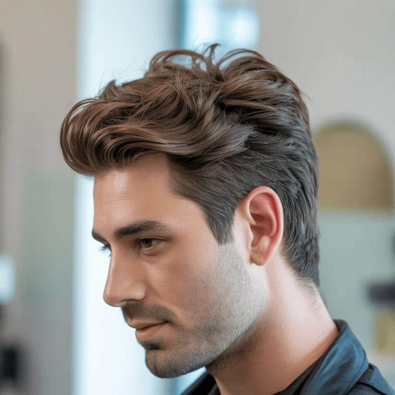 Men's 16 Guard haircut with volume, textured style, natural lighting, and a soft background, creating a fresh and modern look.