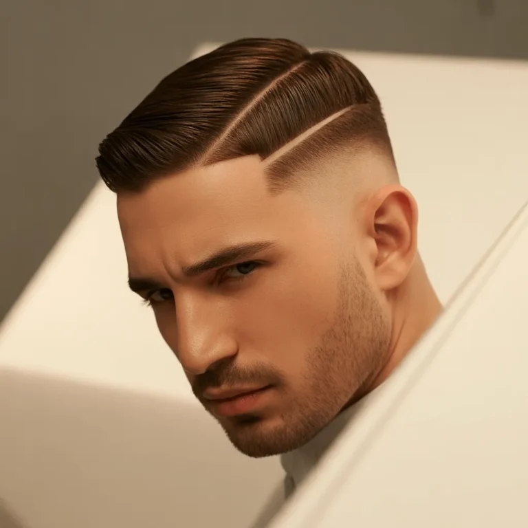 16 Guard haircut with a deep side part, a sleek and modern look, warm lighting, and a minimalist background.