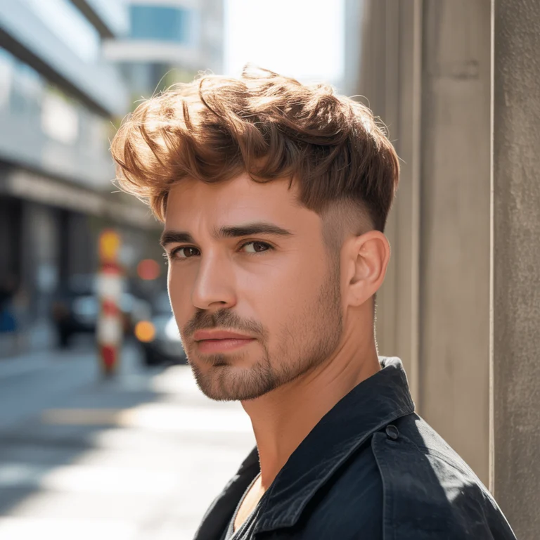 Men's 16 Guard haircut with a textured and voluminous look, soft sunlight, and an urban background.