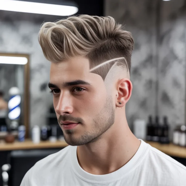 Young man with a modern fade pompadour, high skin fade on the sides, a textured 4-inch platinum top with dark roots, a fitted white t-shirt, and a minimalist barbershop background.