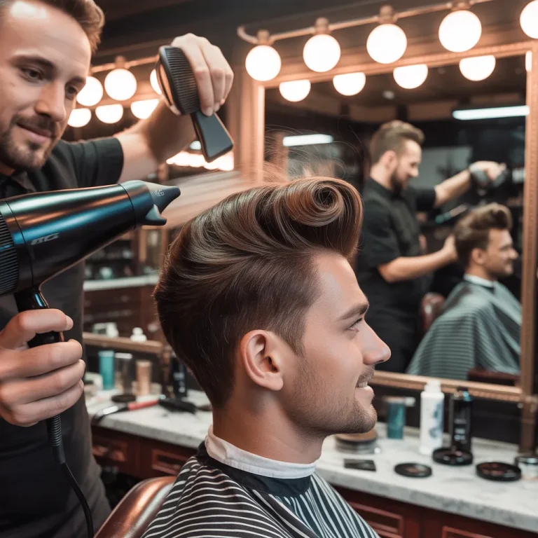 Luxury barbershop documentary, barber styling a client's pompadour with a blow dryer and round brush, movement in the blow dryer, client looking satisfied in the mirror, marble counter, pomade products visible