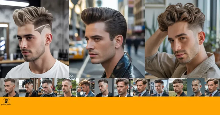 Feature image of pompadour haircut Trendy man with a no-fade pompadour, natural 2-inch sides, a 4-inch brown wave top with a textured matte finish, an oversized beige shirt, and a modern Scandinavian interior.