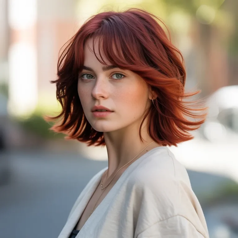 Woman with a wolf cut and curtain bangs, soft face-framing layers, intense cherry red hair, casual attire, and a blurred background.