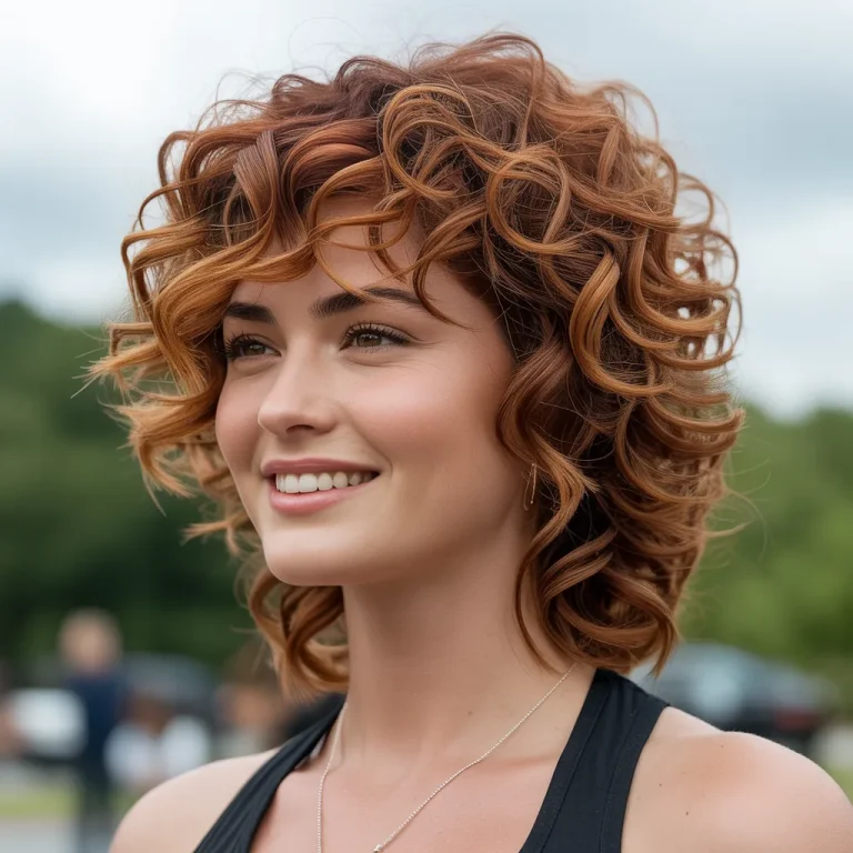 Woman with a curly wolf cut, layers that define the curls, vibrant cherry red hair, natural volume, smiling outdoors.