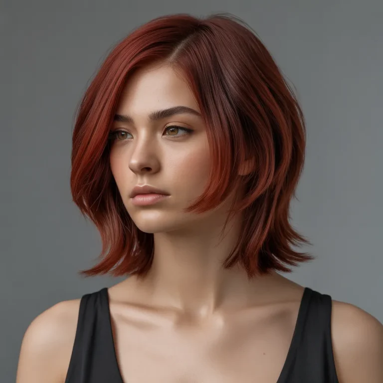 Woman with an elegant wolf cut, soft layers and optional bangs, deep cherry red hair, sophisticated style with soft studio lighting.