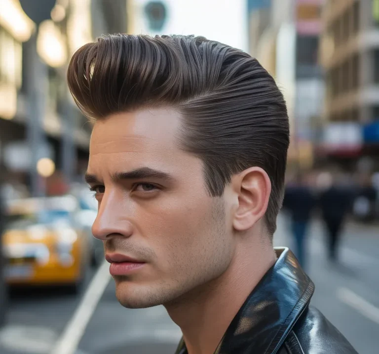 Man with a classic 5-inch pompadour, 0.5-inch tapered sides, glossy dark brown hair, 1950s-style black leather jacket, and a confident, Elvis-like expression.