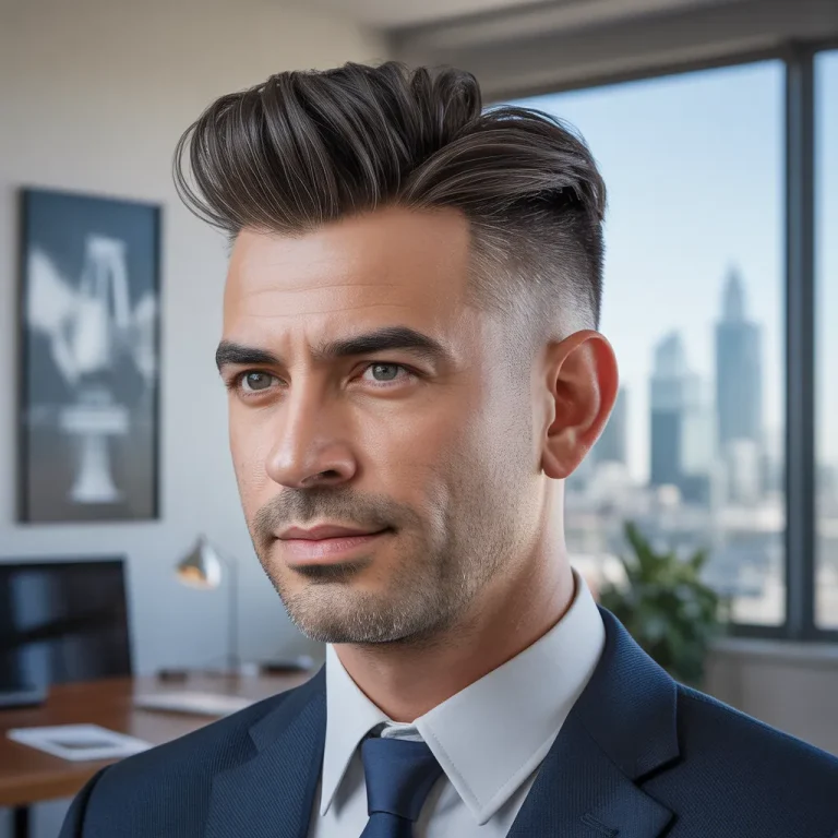 Confident businessman with a short, professional pompadour, a polished 2-inch top, 1-inch tapered sides, black hair with gray at the temples, a navy suit and tie, and a modern office with a city view.