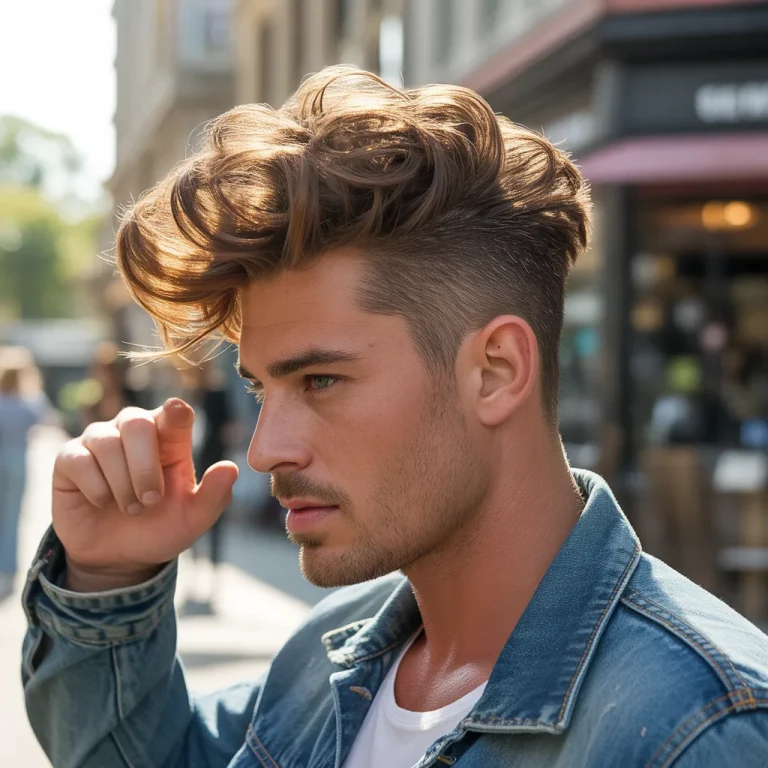 Relaxed man with a textured pompadour, messy 3.5-inch top with separated strands, light brown hair with highlights, vintage denim jacket, bohemian coffee, natural golden light