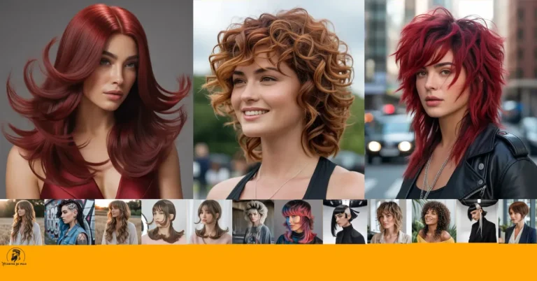 Feature image of wolf cut for women cherry red hair Woman with a curly wolf cut, layers that define the curls, vibrant cherry red hair, natural volume, smiling outdoors.