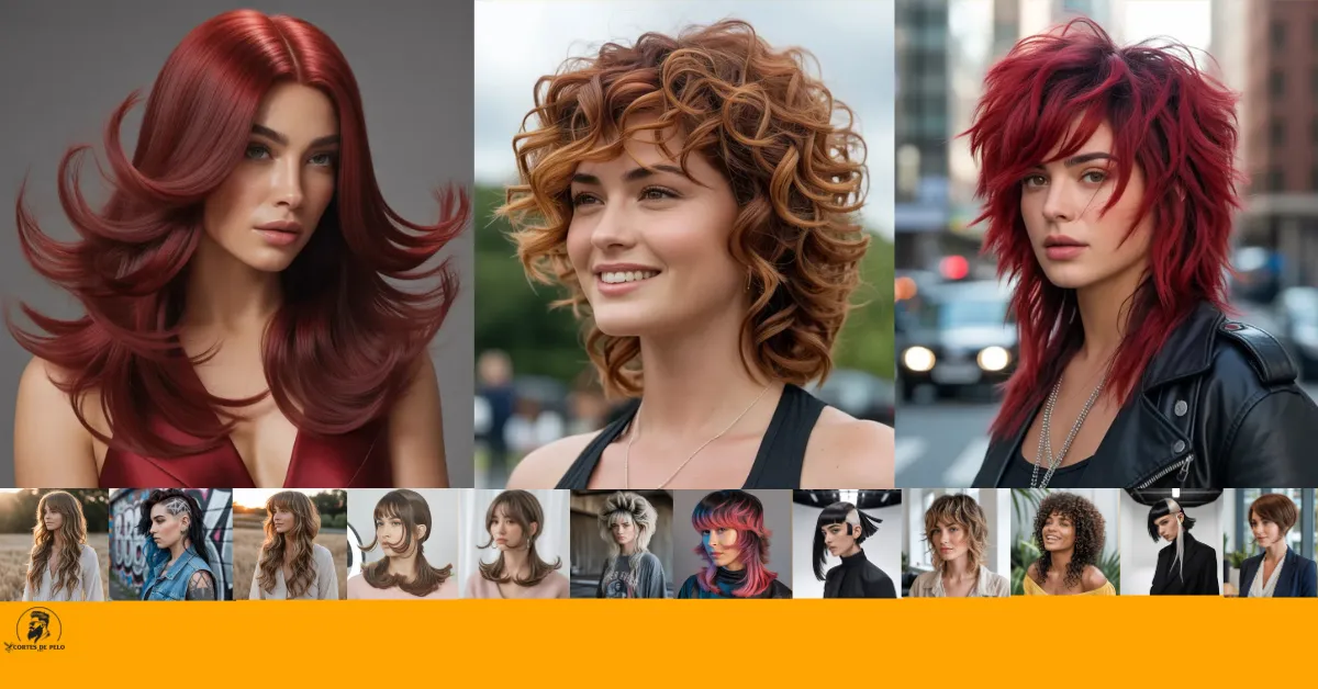 Feature image of wolf cut for women cherry red hair Woman with a curly wolf cut, layers that define the curls, vibrant cherry red hair, natural volume, smiling outdoors.