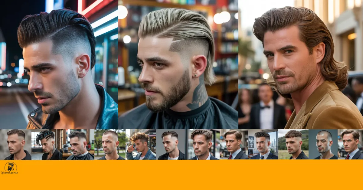 The Feature image of Slicked-back haircuts Voluminous hybrid pompadour slicked back with height and Old Hollywood glamour.