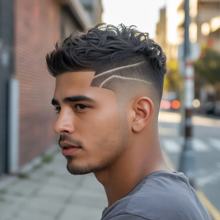 Young man with a textured crop and low fade, 6cm tousled top, low fade starting above the ear