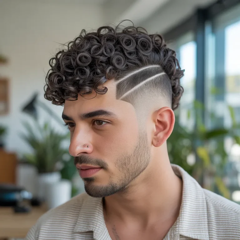 Latino man with a curly textured crop, 5cm defined spiral curls, low side fade, curl-defining cream