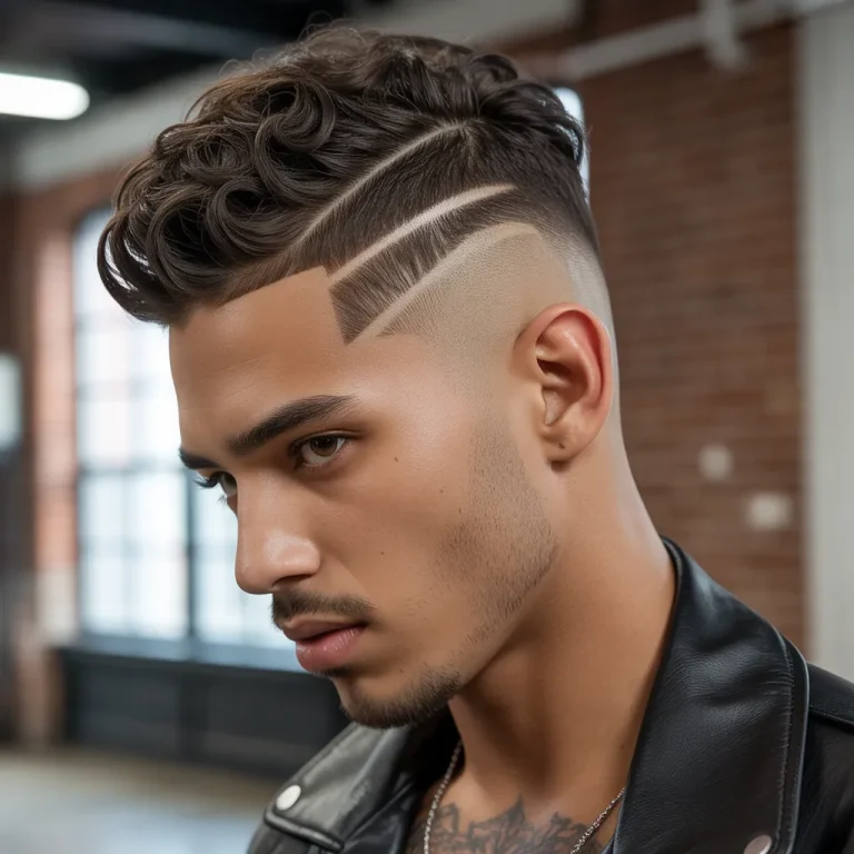 Latino man with a curly textured crop, 5cm defined spiral curls, low side fade, curl-defining cream