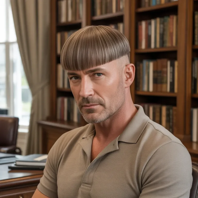 Latino man with a Caesar haircut Caesar cut for curls, defined 4cm spiral fringe, low fade, defining cream