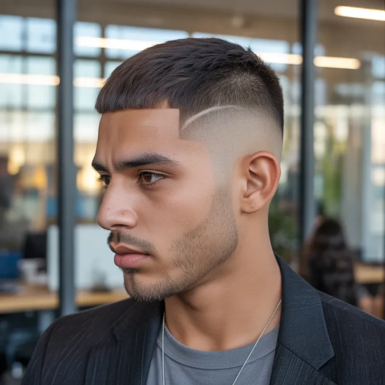 Young man with a Caesar haircut and low fade, 4cm textured top, soft low fade, matte finish
