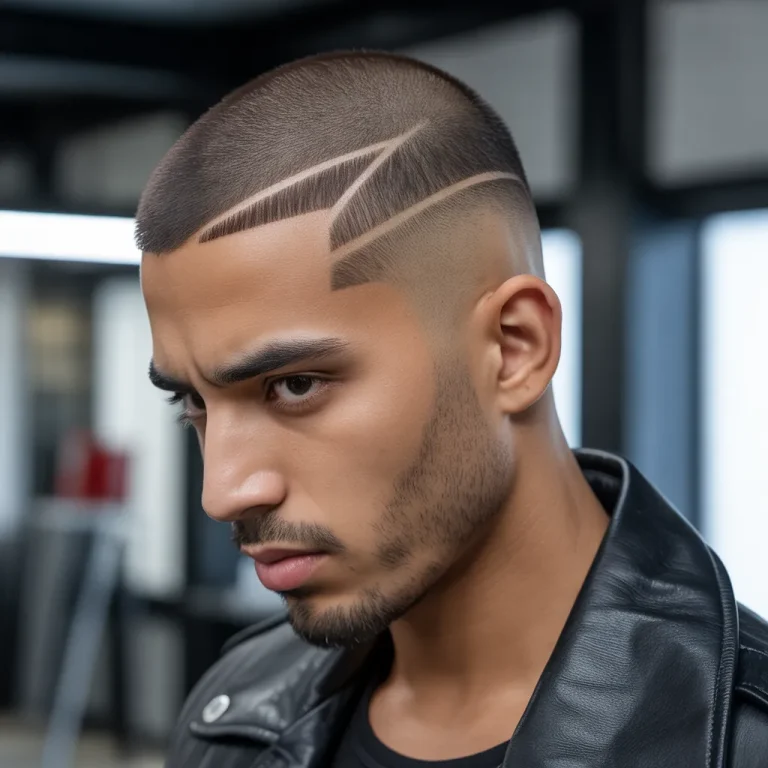 Man with a skin fade Caesar haircut, 4mm shaved hard part, sharp line, fade to skin