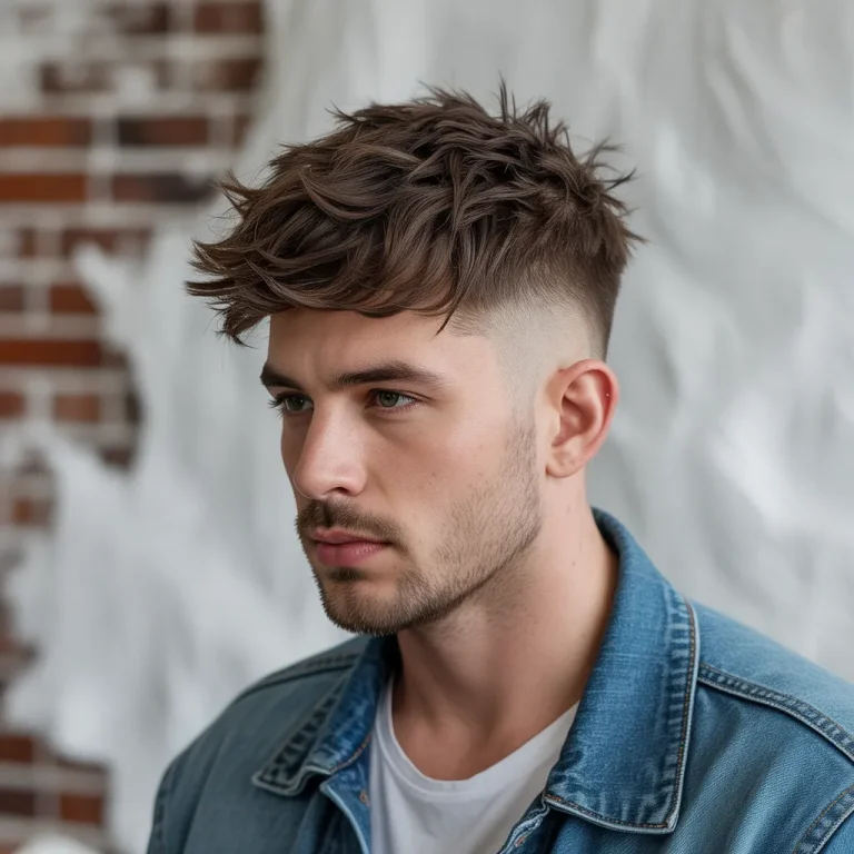 Man with a textured Caesar haircut, 5cm tousled fringe, natural part, absolute matte finish