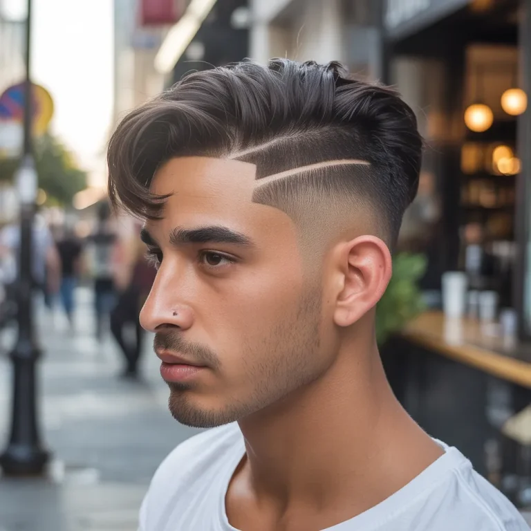 Young man with a modern side part and low fade, soft low fade, textured top swept to one side.