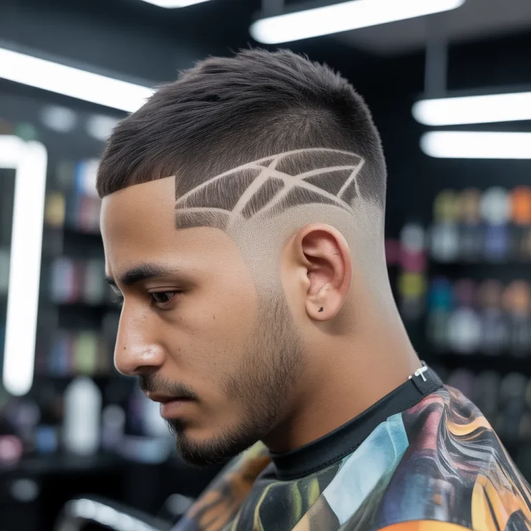 Side part with a skin fade, geometric shaved design, double hard part, matte textured top.