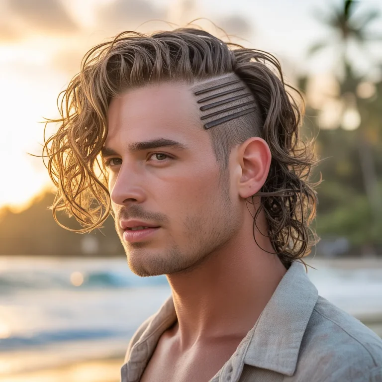 Naturally tousled side part style, beachy texture, visible parting, matte finish, relaxed look.