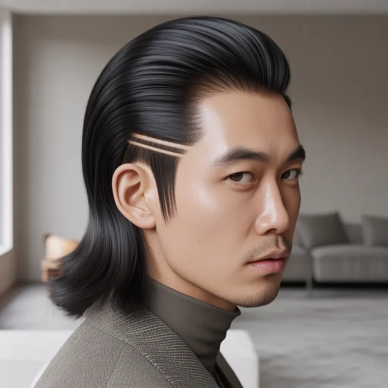 Man with a long slicked-back side part, straight black hair (12cm) styled back and to the side, intense shine.