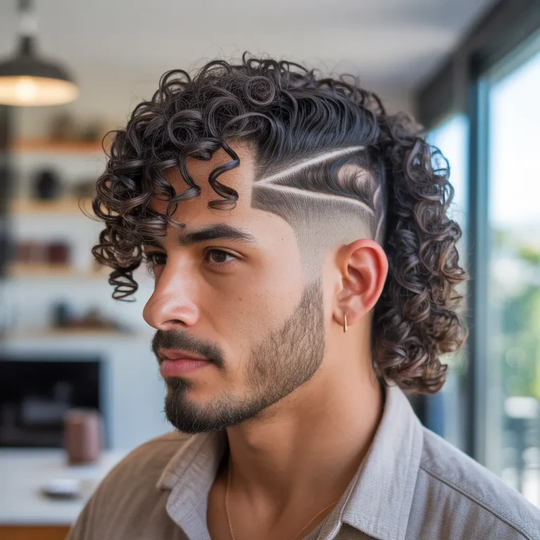 Latino man with a side part for curly hair, defined spiral curls, low side fade, well-groomed beard.