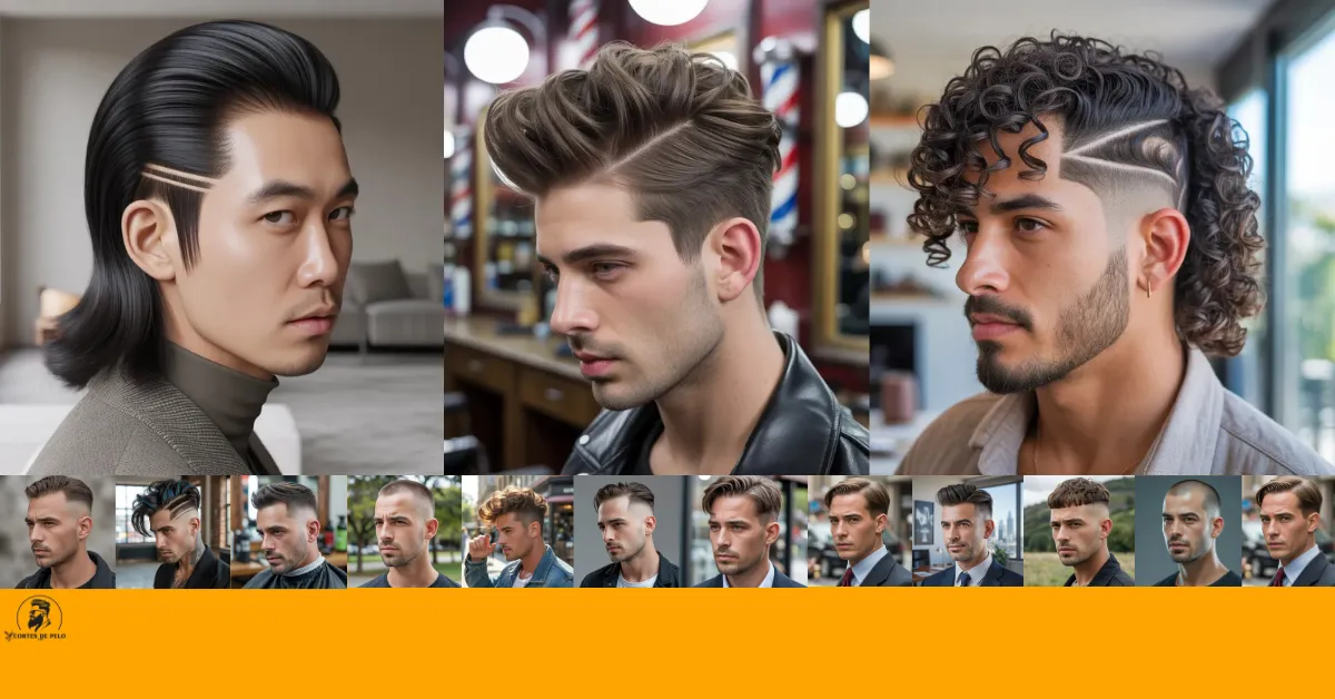 Feature image of side part haircuts Man with a side part quiff, dramatic volume at the front, wavy texture towards the back and side, matte finish.