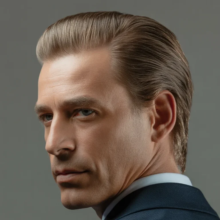 Classic slicked back hairstyle with an elegant taper fade on the sides, a professional executive look.