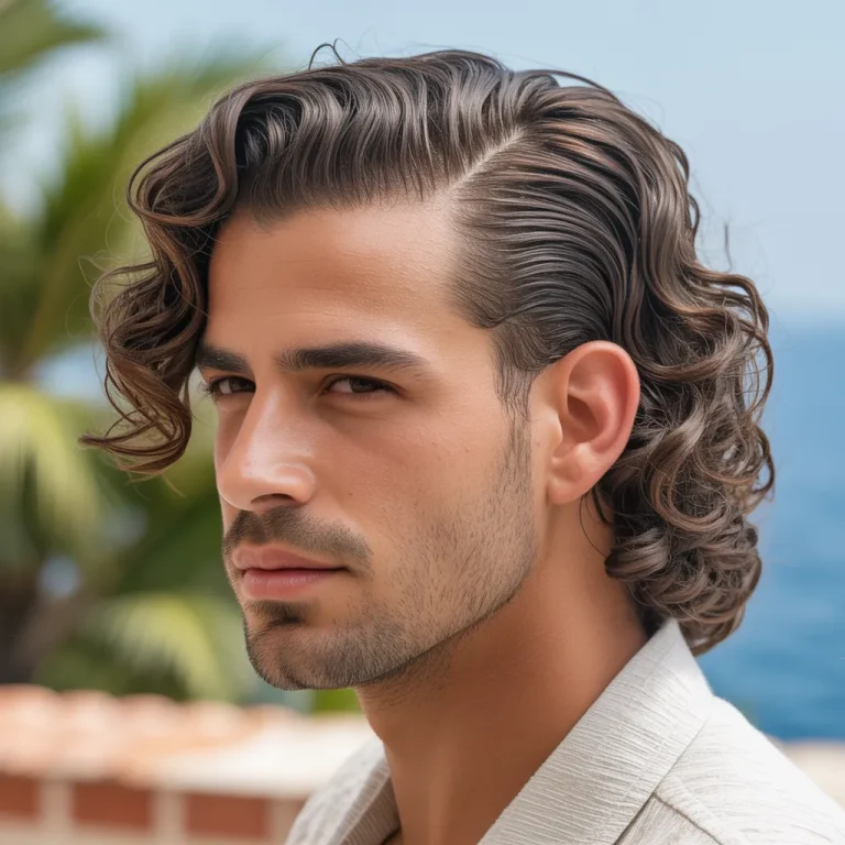 Slicked back hairstyle combined with a full beard, the ultimate combination for masculine impact.