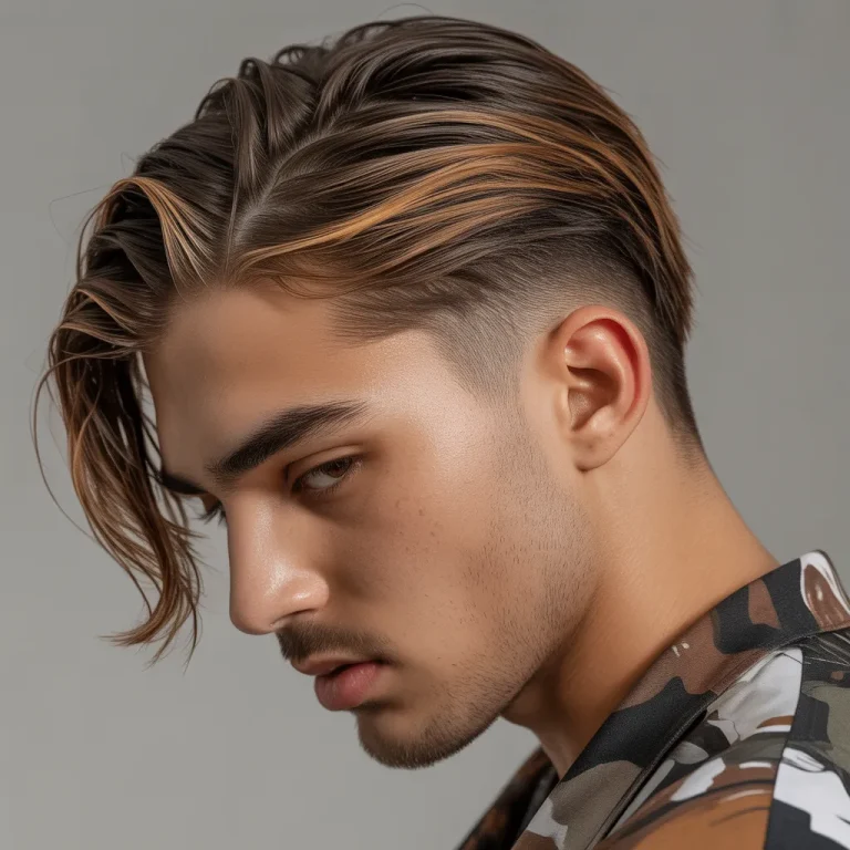 Slicked back hairstyle with subtle balayage color technique and dimensional highlights.