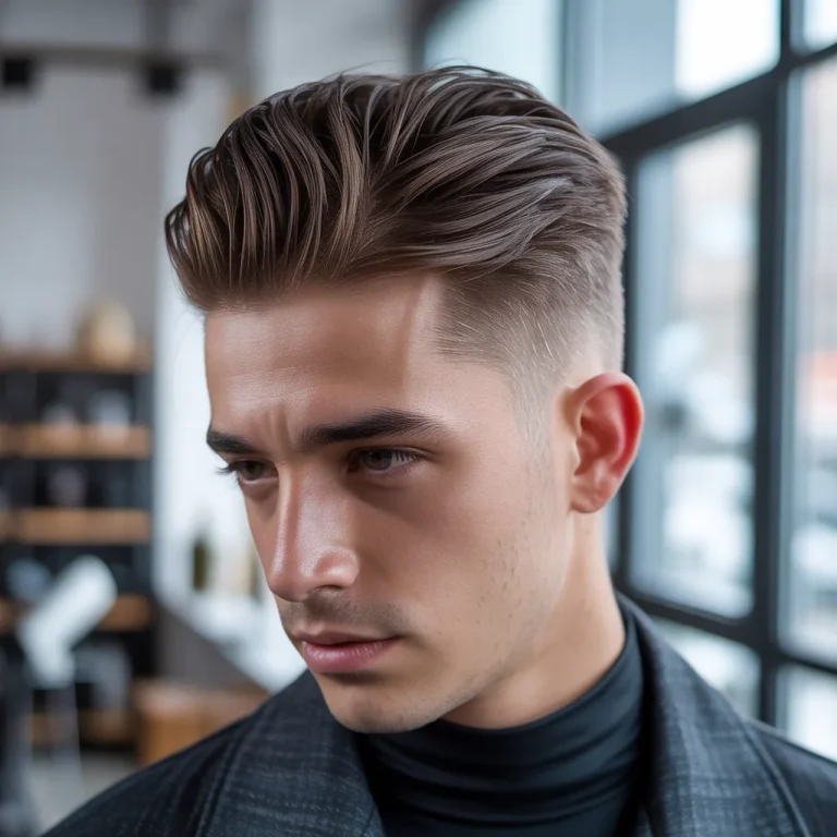 Modern matte slicked back hairstyle with a low fade, a natural, shine-free texture for everyday wear.